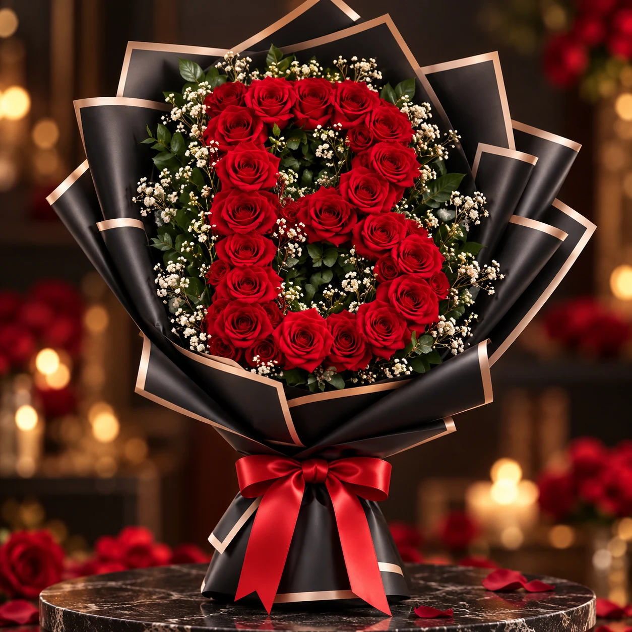 بوكيه ورد أحمر على شكل حرف - Online Gifts